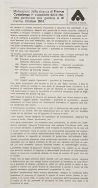 Motivazioni della ricerca di Franco Costalonga in occasione della mostra personale alla Galleria A di Parma. Ottobre1974